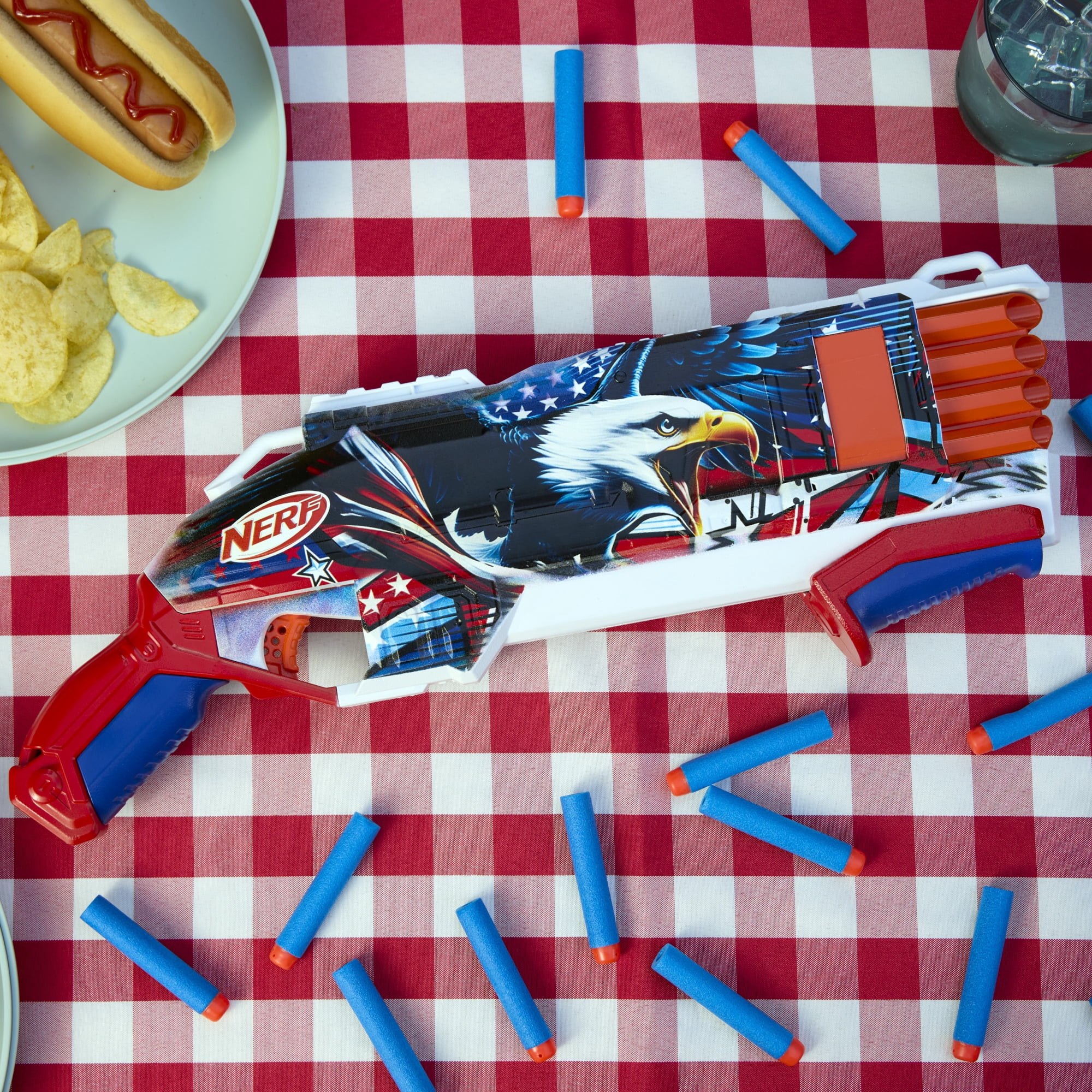 Nerf Elite Stars & Stripes Eagle Red, White & Blue Blaster, 16 Nerf Elite Foam Darts, Outdoor Summer Toys, Backyard & Beach Fun, 8+