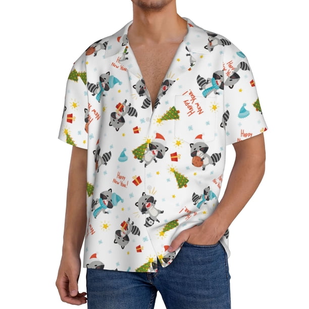 Fotbe happy new year Raccoon Camisa Estampada de Manga Corta para Hombre, Casual de Verano, Estilo Playero, Sin Arrugas-3X-Large