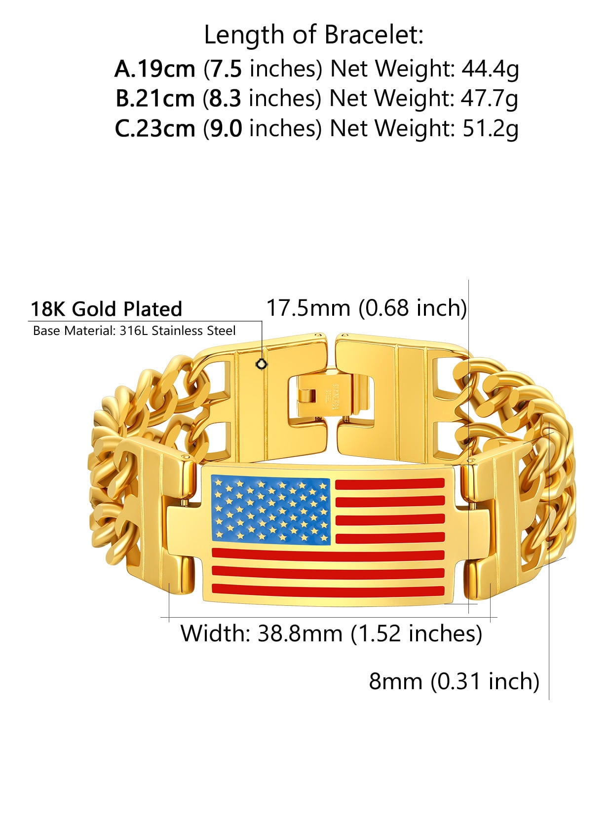ChainsProMax Men Cuban Link Chain Bracelet, American Flag Bracelet, Stainless Steel Gold Plated