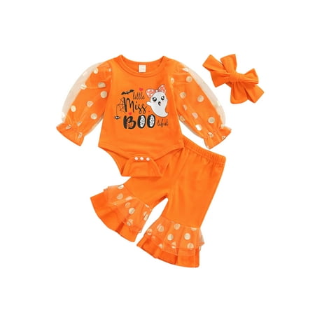 

Cathery 3Pcs Newborn Baby Girls Halloween Outfits Little Miss Boo Letters Ghost Print Romper Polka Flare Pants Fall Clothes Set