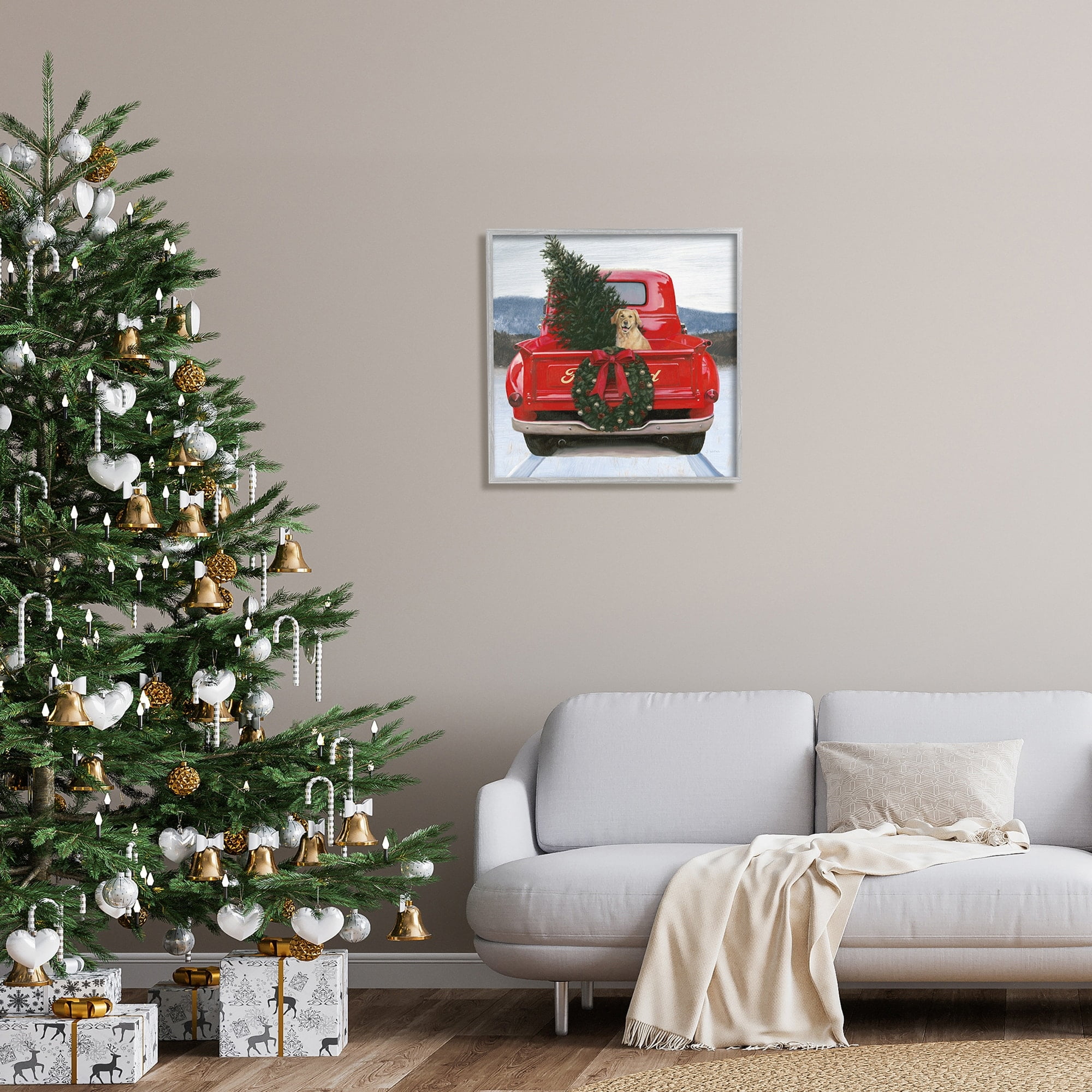 Christmas Tree & Dog Red Truck Driving Snowy Scene Botanical & Floral Painting Framed Art Print Wall Art