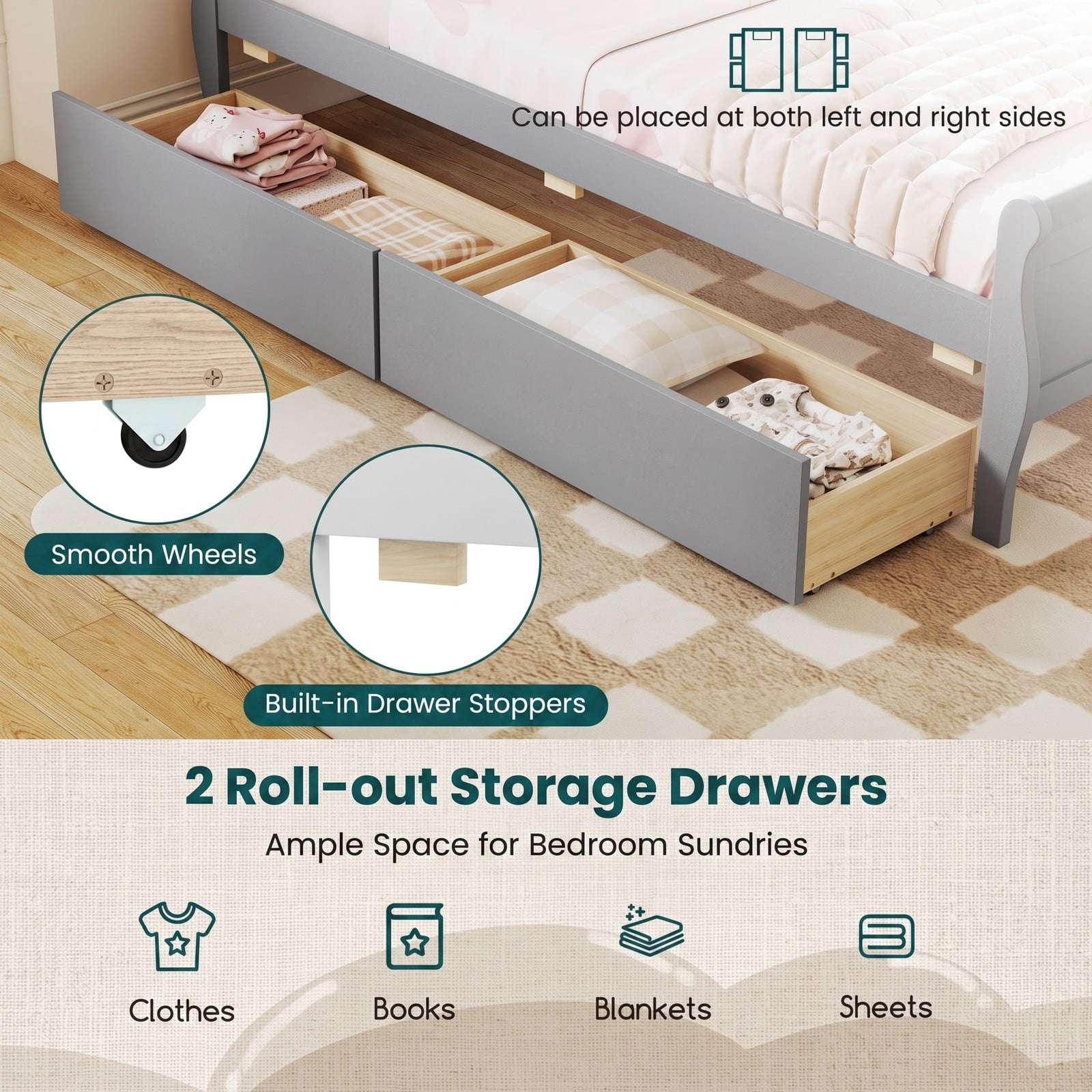 Furnibear Twin Bed Frame with Storage, Wood Sleigh Bed with 2 Storage Drawers and Curved Headboard, Space Saving, Gray