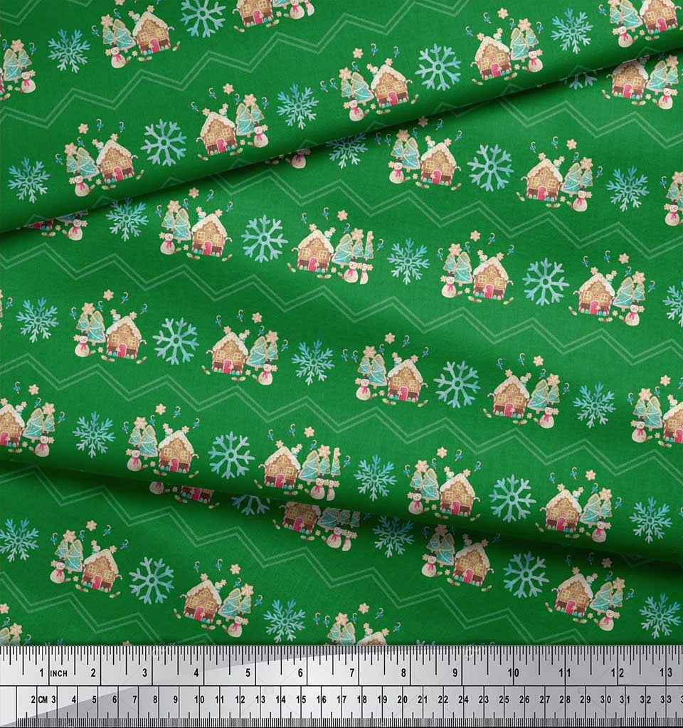 Soimoi Green Poly Georgette Fabric Snowman & Snowflake Christmas Decor Fabric Printed Yard 52 Inch Wide
