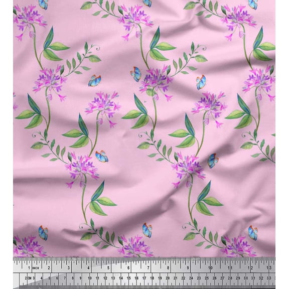 Soimoi Moss Georgette Fabric Leaves,Butterfly & Periwinkle Floral Decor Fabric Printed Yard 42 Inch Wide