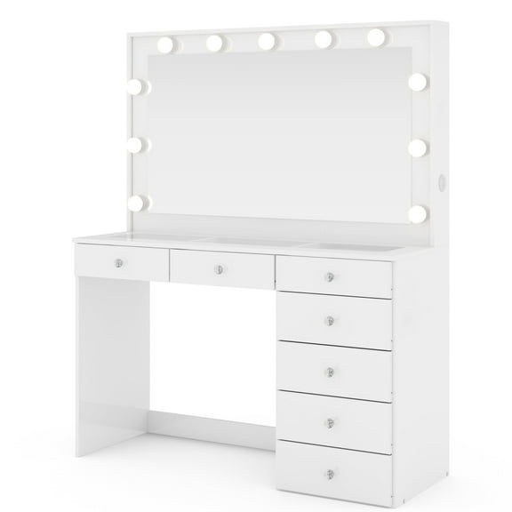 Ember Interiors Polly White Makeup Vanity Desk with Lights, Charging Station
