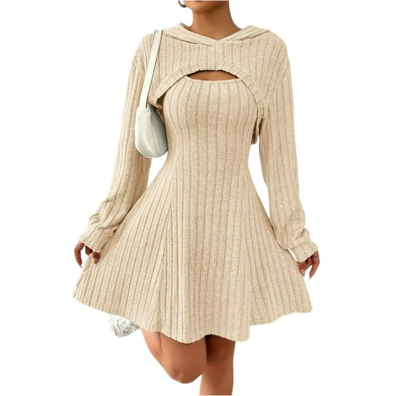 CharmCyan Women’s Ribbed Knit Long Sleeve Hooded Dress with Cutout Detail and Flared Skirt Casual Pullover Style Comfortable Fit Beige L