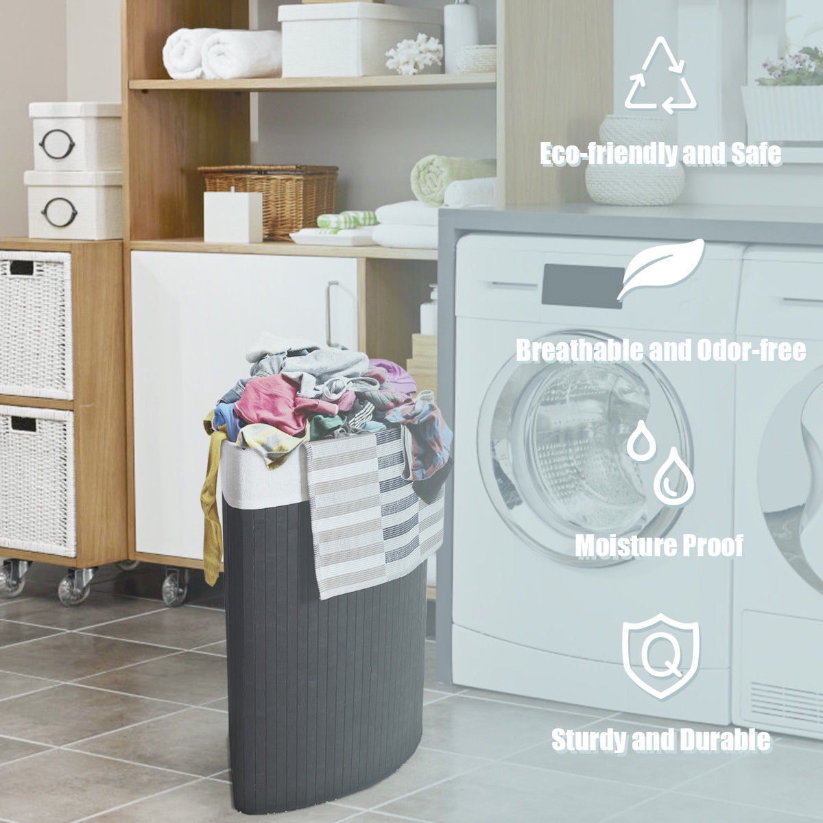 Costway Corner Bamboo Hamper Laundry Basket Washing Cloth Bin Storage Bag Lid Black
