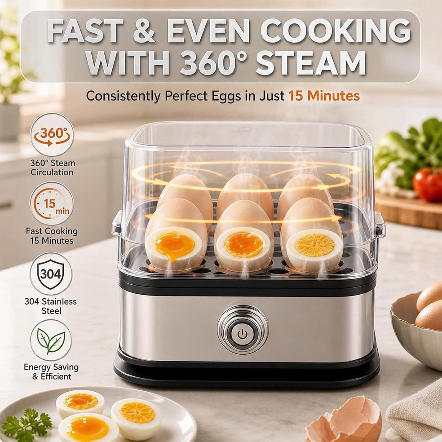 Multifunctional Egg Steamer with Clear Lid, 6 Capacity Electric Egg Cooker for Hard Boiled Eggs | Rapid 360° Steamer with Auto Shut-Off, Compact Metal Design for RV, Dorms & Fitness Meal Prep (1Pcs)