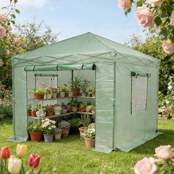 Ainfox 8x8 Ft Walk-in Greenhouse, Instant Pop Up Green House for Outdoors with Zippered Door and Roll-up Windows, PE Cover, Portable and Easy Assemble