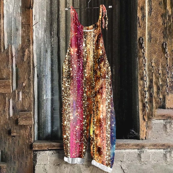 Jinhomg Fashion Holiday Jumpsuits for Women 2025 Novelty Funny Mardi Gras Sequin Print Overalls Casual Comfy Sleeveless Wide Leg Rompers Sales Today Clearance Women Multicolor XXXXXL
