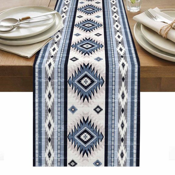 Blue Boho Table Runner - 72 Inch Long, Kitchen Dining Table Runner Dresser Scarves, Southwestern Ethnic Aztec Retro Geometric Farmhouse Decor for Coffee Tables Wedding Party Banquet