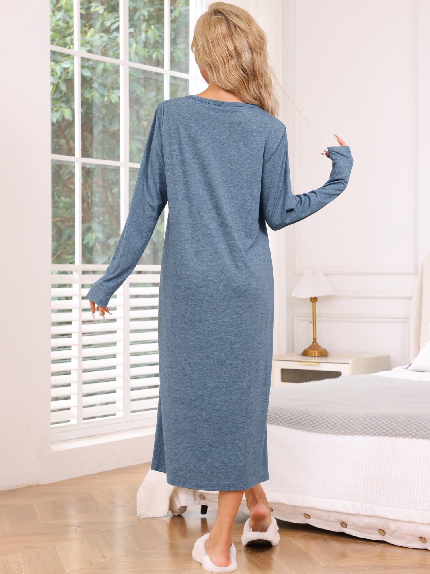 DARING DIVA Women's Long Sleeve Long Soft Button Down Nightshirt XS Blue