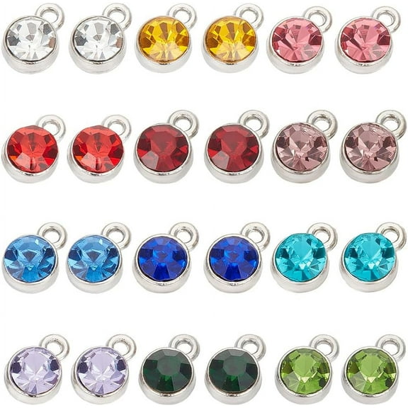 1 Box 72Pcs Birthstone Charms Bulk Round Crystal Charms Flat Round Glass Charm Alloy Round Rings Beads Charm