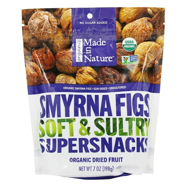Made in Nature - Smyrna Figs Soft & Sultry Supersnacks - 7 oz. A front-facing view of a 7 oz. package of organic Smyrna figs by Made in Nature. The packaging highlights 'Soft & Sultry Supersnacks' with USDA Organic and Non-GMO Project Verified certifications. The figs are sun-dried, unsulfured, and feature a mix of tan and golden hues visible through the packaging.