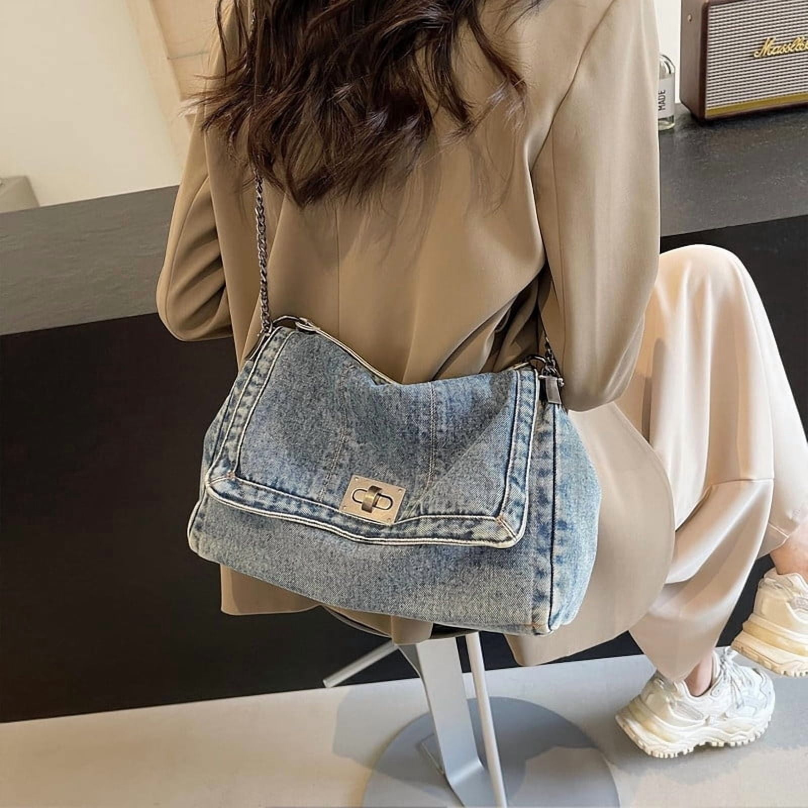 2026 Women's Casual Retro Denim Tote Bag, Lightweight Quilted Crossbody Purse with Chain Strap