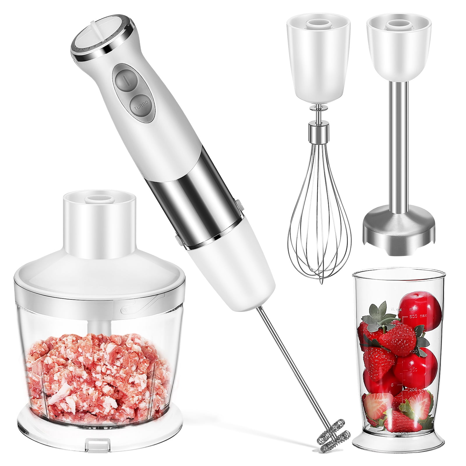 PAMINGONO White 5-in-1 Hand Blender Set – Electric Mixer Chopper Whisk Milk Frother for Soups, Sauces & Smoothies, US Plug