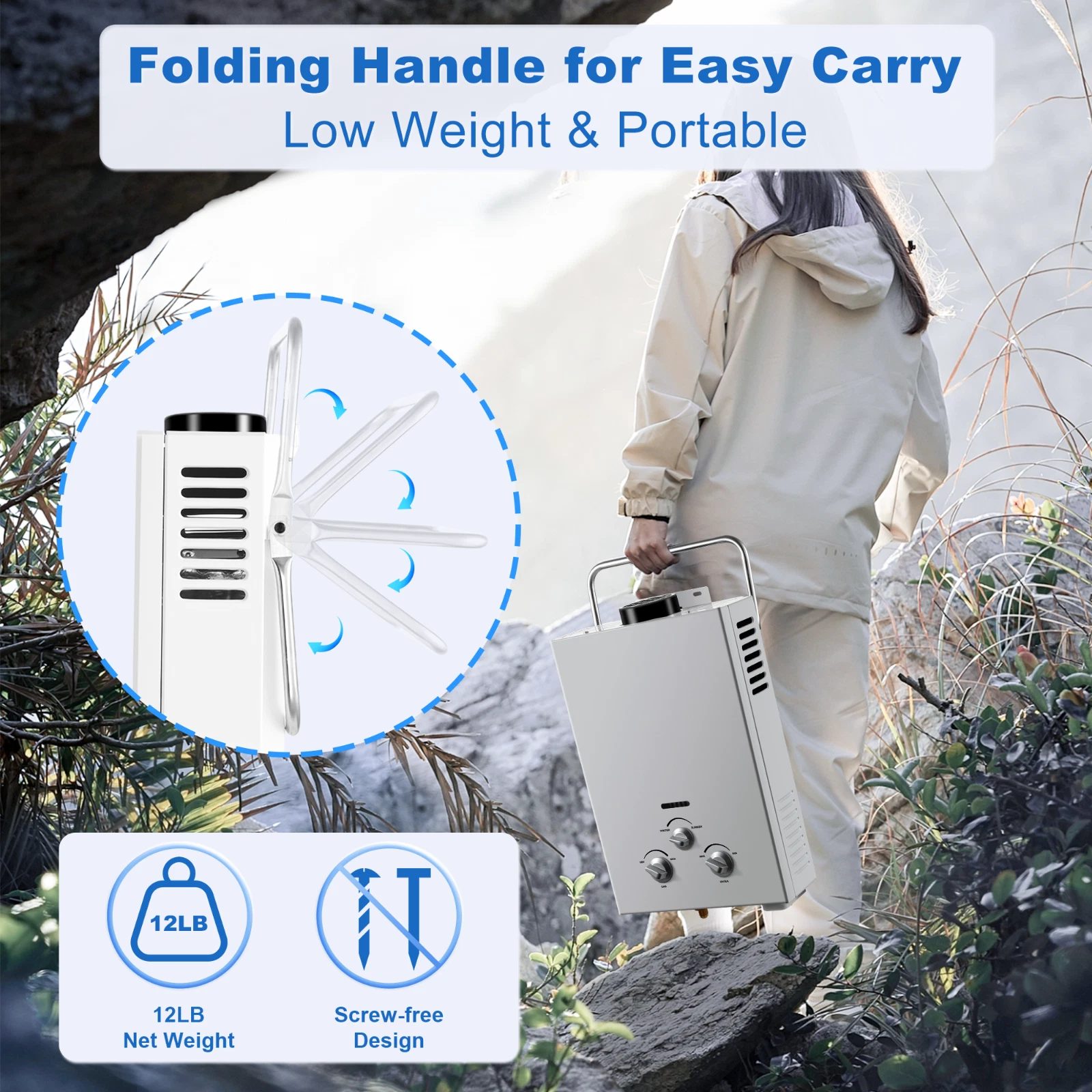 Outdoor Propane Tankless Water Heater - 6L 1.58 GPM Portable Gas Water Heater for RV Cabin Camping with Handle