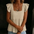 thumbnail image 6 of hlysgo Womens Square Neck Top Ruffle Short Sleeve Palazzo Tops Cute Smocked Babydoll Summer Blouses Khaki,L, 6 of 6