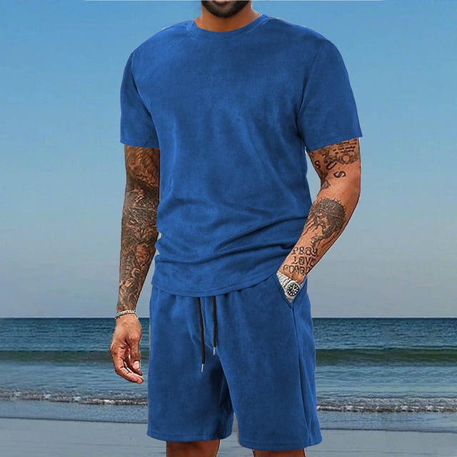 Mens Sets 2 Piece Outfits Men Short Sets Outfits 2 Piece Set for Men Men 2 Piece Short Set Mens Summer Outfits Summer Sets Two Piece Set Leisure Solid Color Pocket Short Sleeve Elasticity Shorts Set