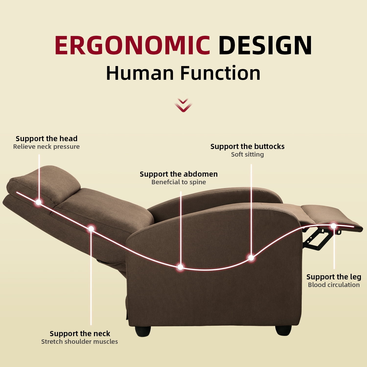 Vineego Home Theater Recliner with Padded Seat and Backrest, Brown Fabric
