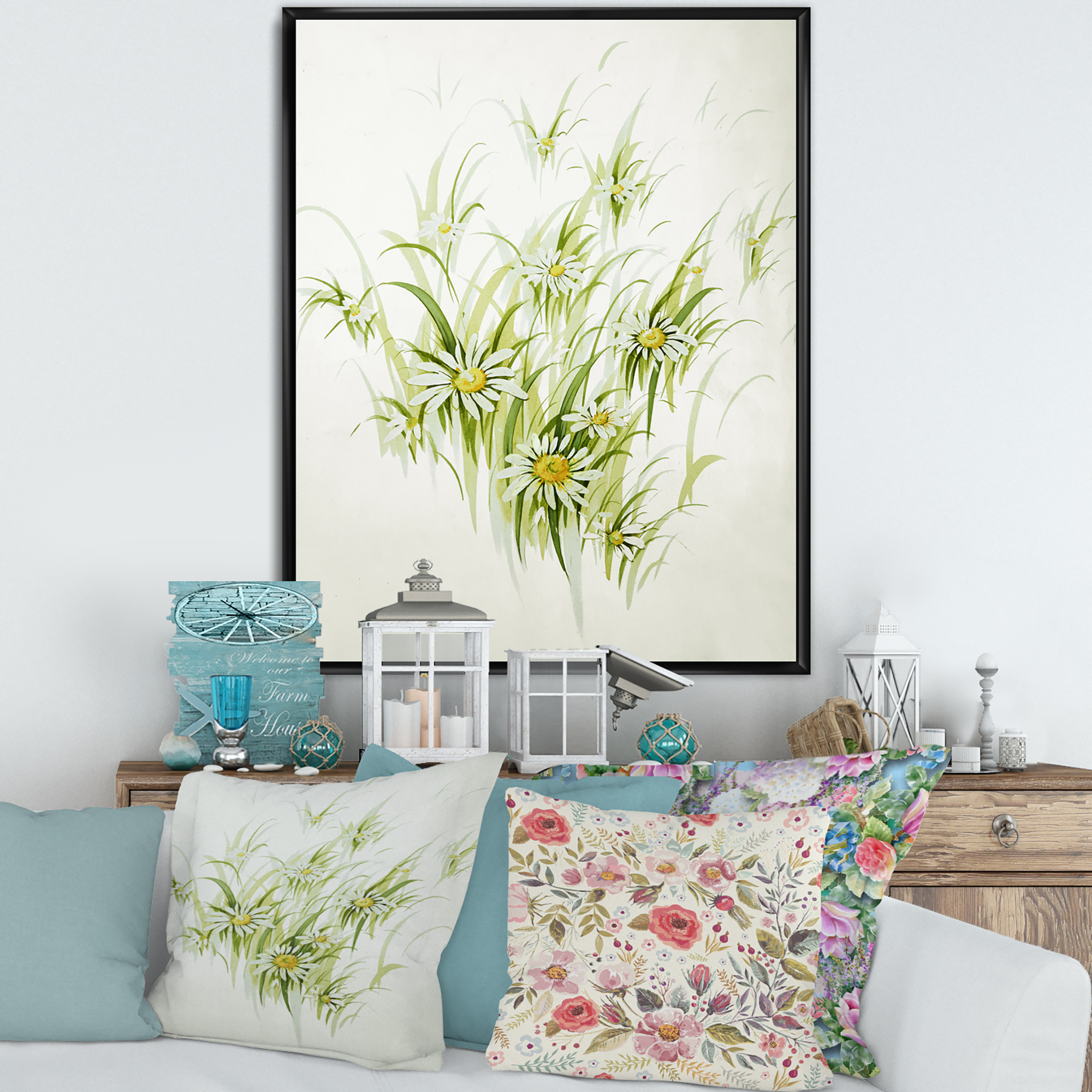 Designart 'Abstract Retro Drawing of Flowers I' Vintage Framed Canvas Wall Art Print