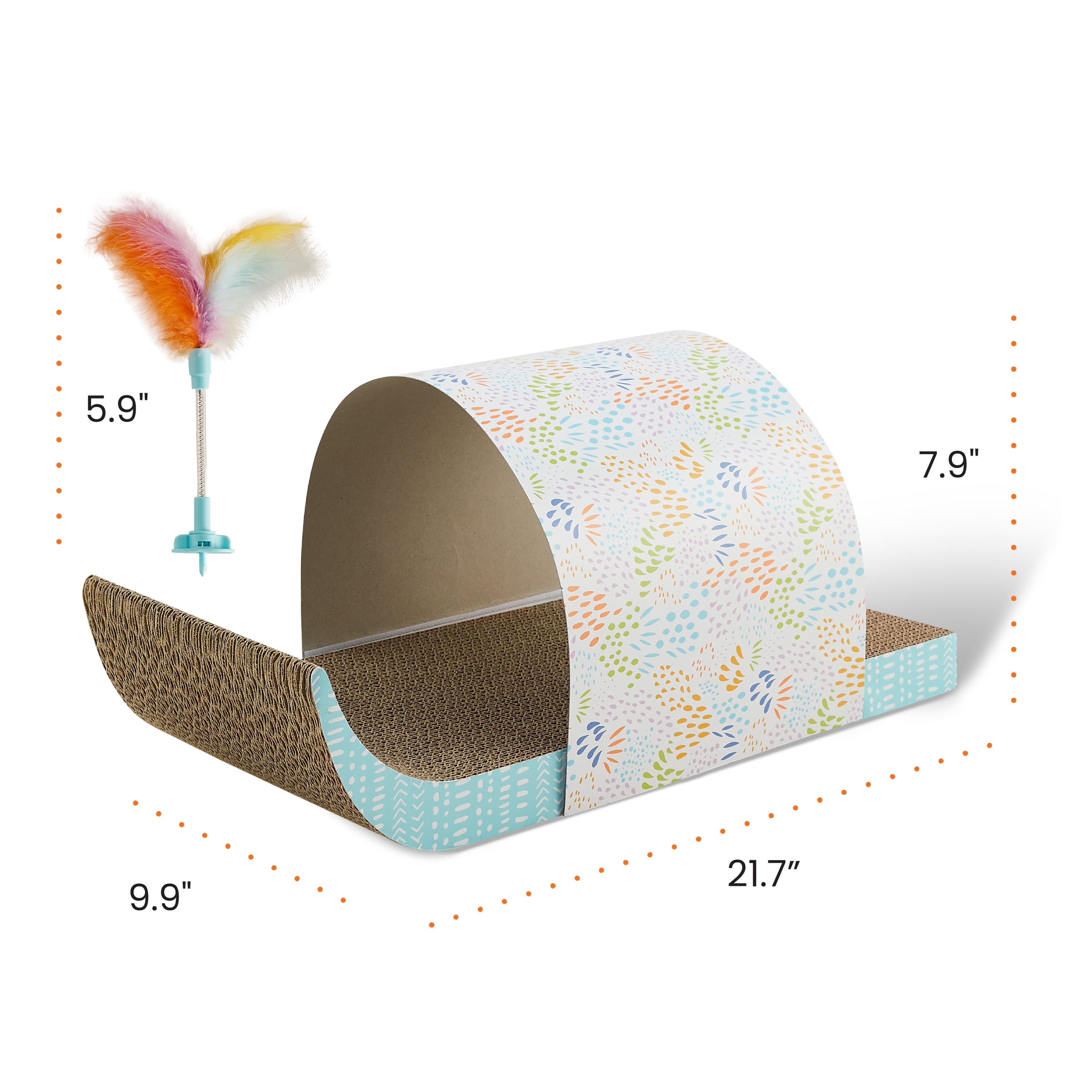 Catstages Cat Tunnel Scratcher with Feather Spring Toy and Removable Tunnel, Corrugated Scratching Pad for Rest, Play, & Nail Trimming, Multicolored