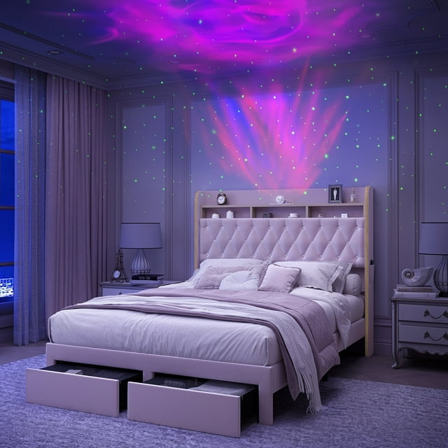 SIBEDS LED Bed Frame with 2 Storage Drawers and Galaxy Star Projector Velvet Upholstered Pink Tufted Wingback Headboard, Queen