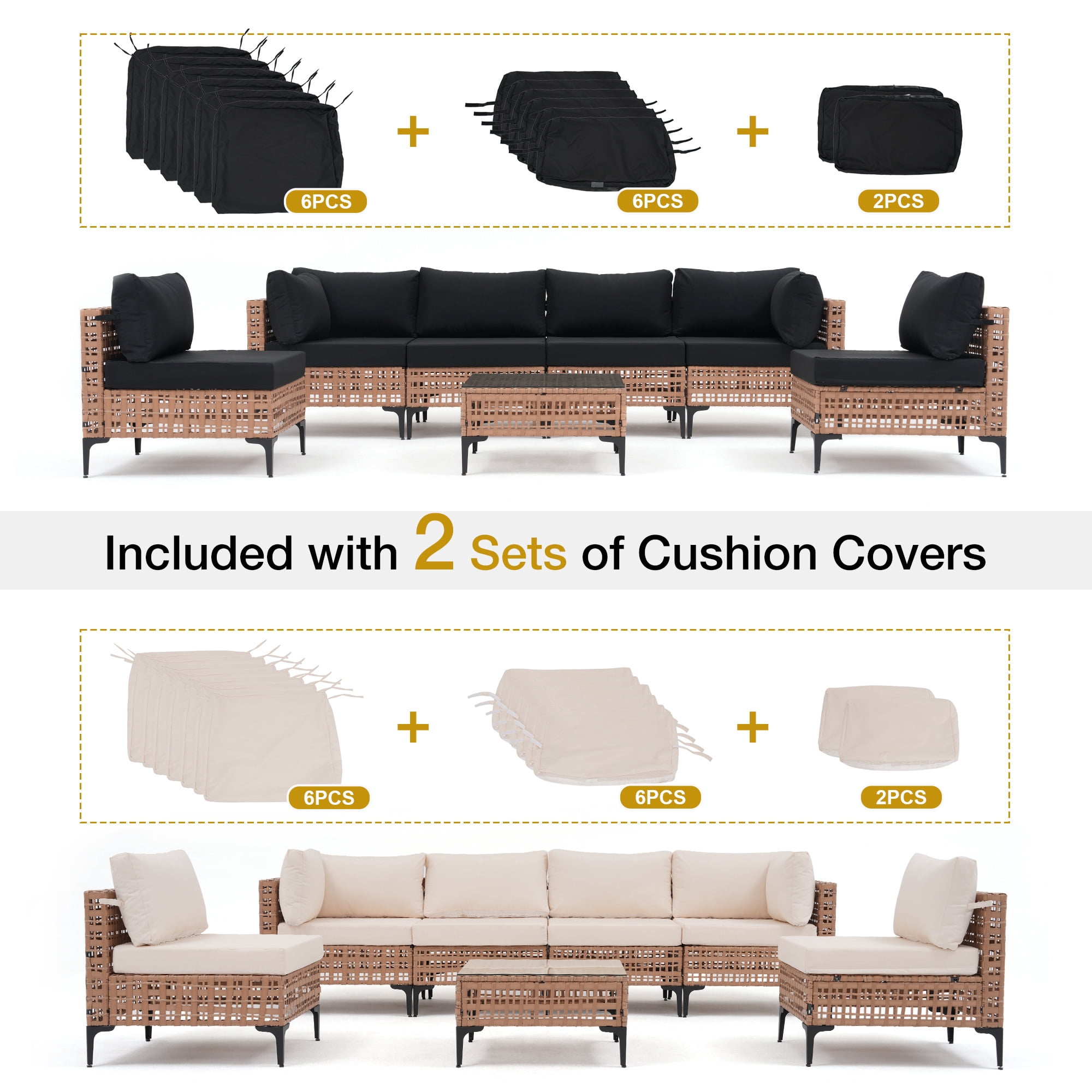 JOIVI 7 Pieces Patio Furniture Set, Outdoor Sectional Sofa Set with Cushion and Coffee Table, 7-Piece PE Rattan Conversation Set for Deck, Porch, Backyard, Off-White