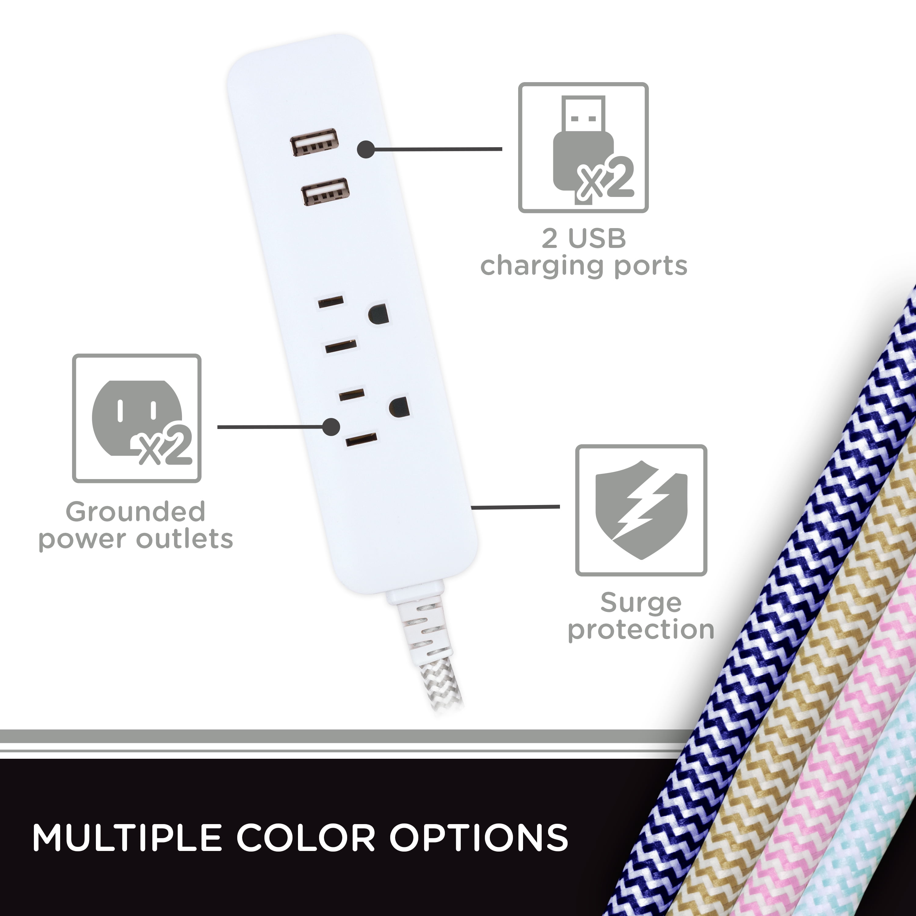 Cordinate 2-Outlet Grounded Extension Cord with USB, 10ft, Gray/White – 41691
