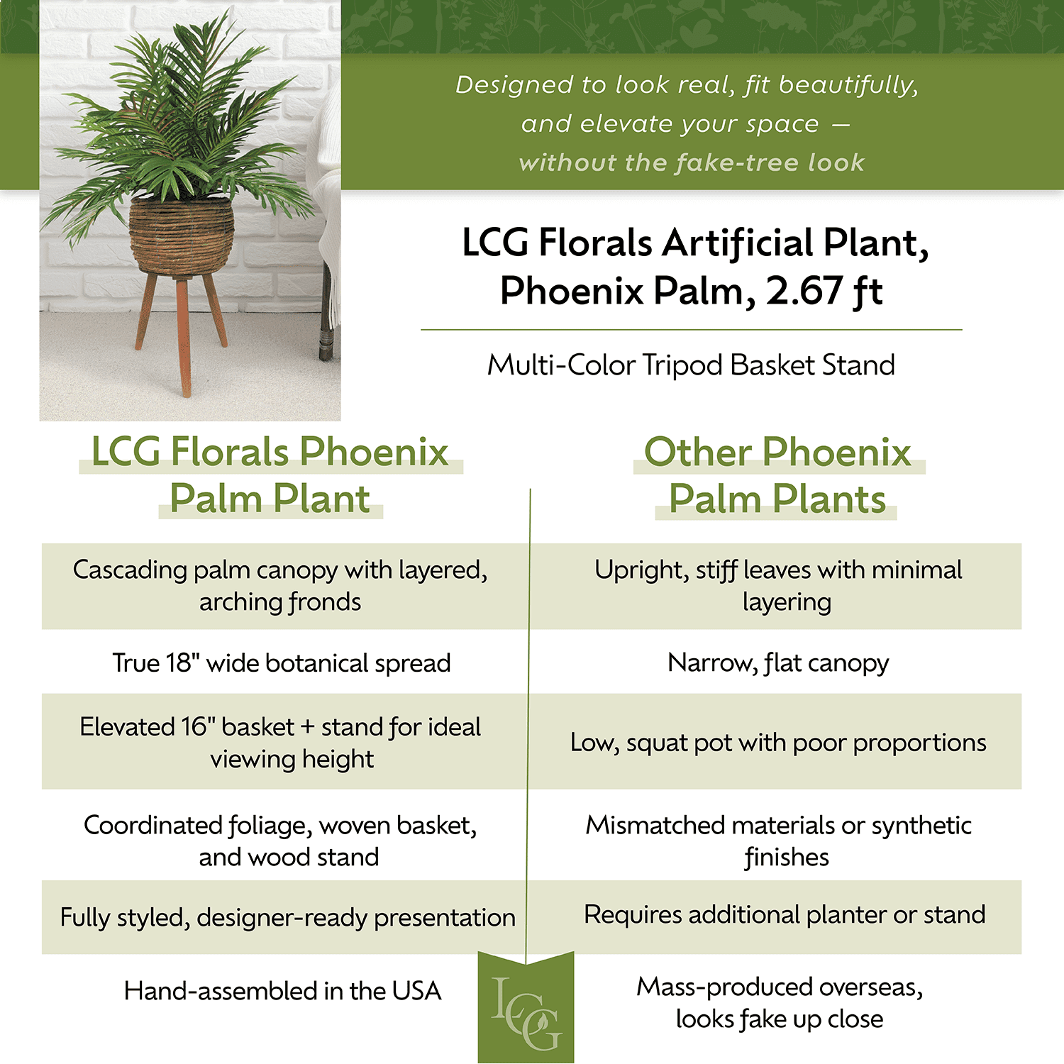 LCG Florals Artificial Plant, Phoenix Palm, 2.5 ft, Basket Stand, Weighs approx. 6 lbs.