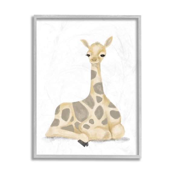 Stupell Industries Baby Giraffe Resting Soft Yellow Brown Illustration Grey Framed, 11 x 14, Design by Daphne Polselli