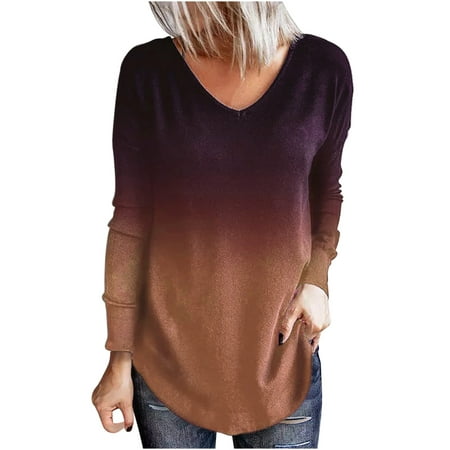 Scyoekwg Womens Tops Fall Fashion for Women 2022 Casual Comfy Tops Round Neck Cross Open Back Loose Fit Blouses Pullover Fall Clothes Tunic Tops Sweatshirts Gradient Print Coffee XL