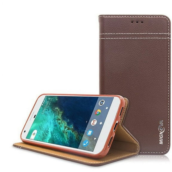 For Google Pixel 2016 5.0 inch Phone Case, Mignova Luxury Genuine Leather Folio Case with Stand and Card Slots, Magnetic Closure Cover for Google Pixel 5.0 inch (2016 Release) (Brown)