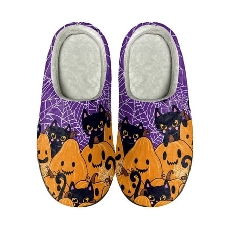 

Xoenoiee Halloween Pumpkin Cat Spider Web Pattern Warm Slippers with Non-Slip Sole for Women Men Bedroom Shoes Fluffy Indoor Outdoor Slip-On Cosy House Shoes 8-8.5 W/6-6.5 M