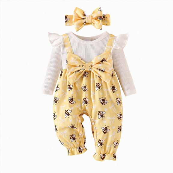 Linfrsh Newborn Infant Baby Girl Clothes Fall Winter Long Sleeve Bubble Romper Floral Bow One Piece Jumpsuit Cute Outfits, 6-9 Months