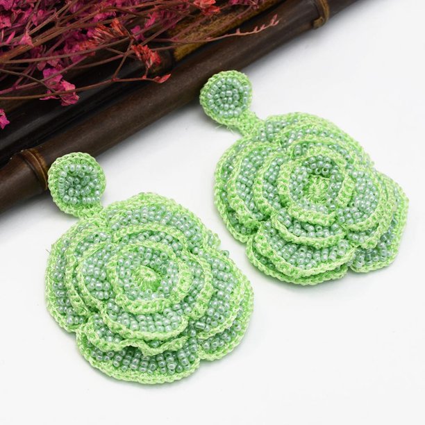 Cuelga Los Pendientes Rose Flower Design Beads Exquisitos Para Mujeres Niñas Joyería Verde Yinane Dangle Earrings for Women Girl