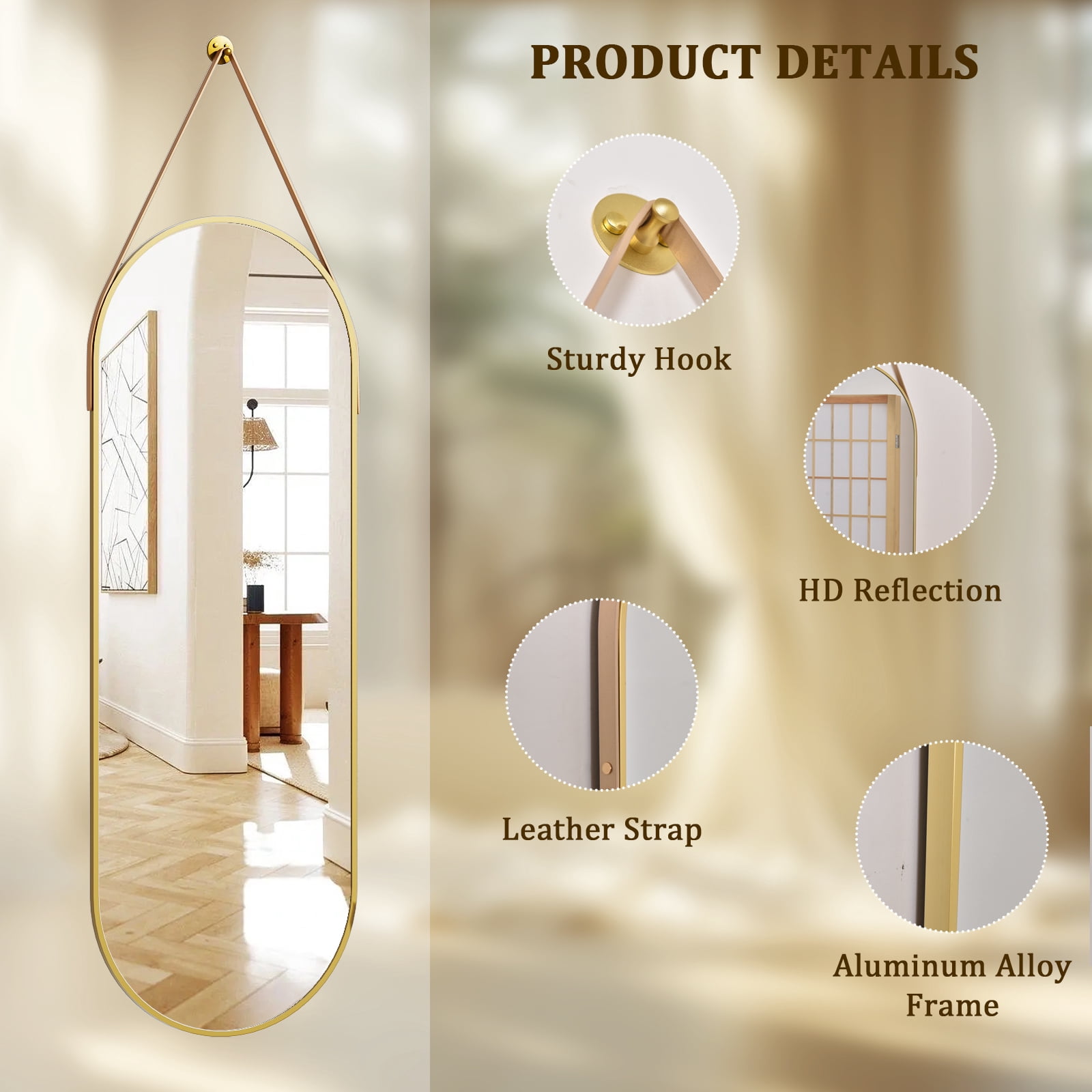 Easy4Home 48"x16" Oval Wall Mirror Full Length Mirror with Leather Hanging Strap, Gold