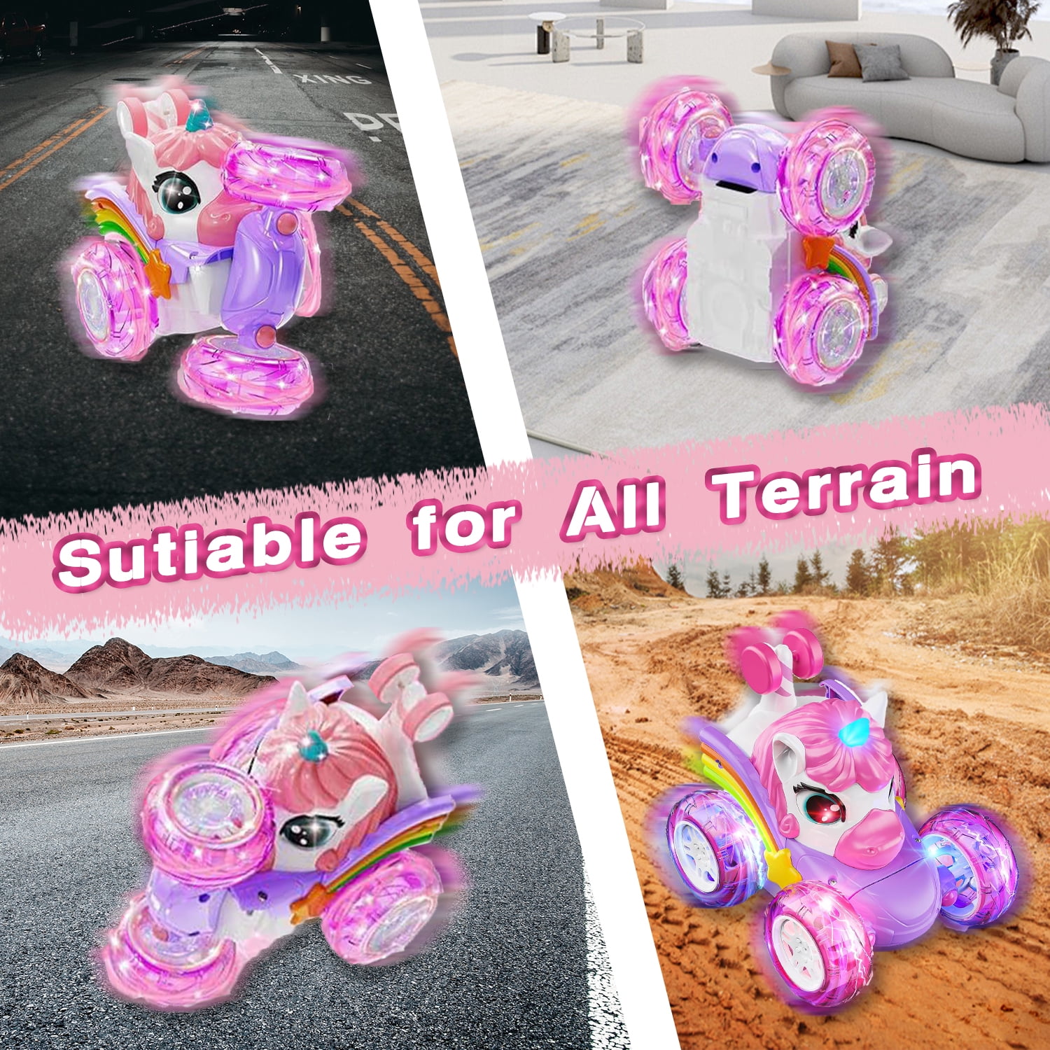 Sunforu Pink Unicorn RC Car for Girl, 360° Stunt Rotation 4WD Remote Control Cars with Lights and Music, Birthday Gift for 3 4 5 6 Years Old Girl