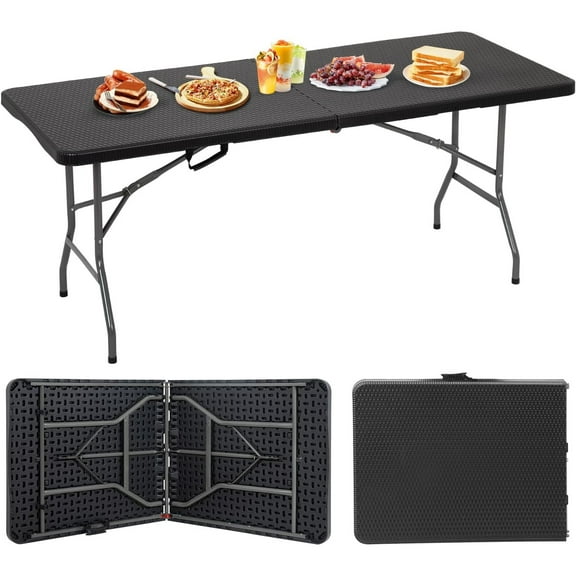 Outdoor Folding Camping Table Plastic Table Portable Square Height Dining Table Perfect for Picnics,Parties,Party and Camping,Black Ratten