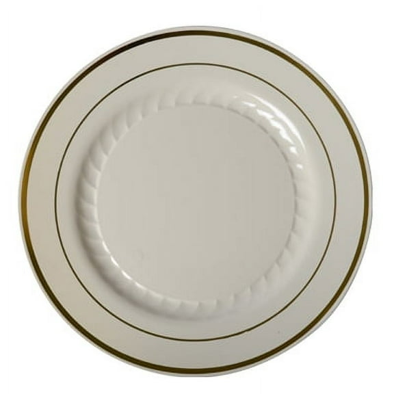 10" Dia. Plastic Dinner Plate Ivory with Gold Band, 12/PK