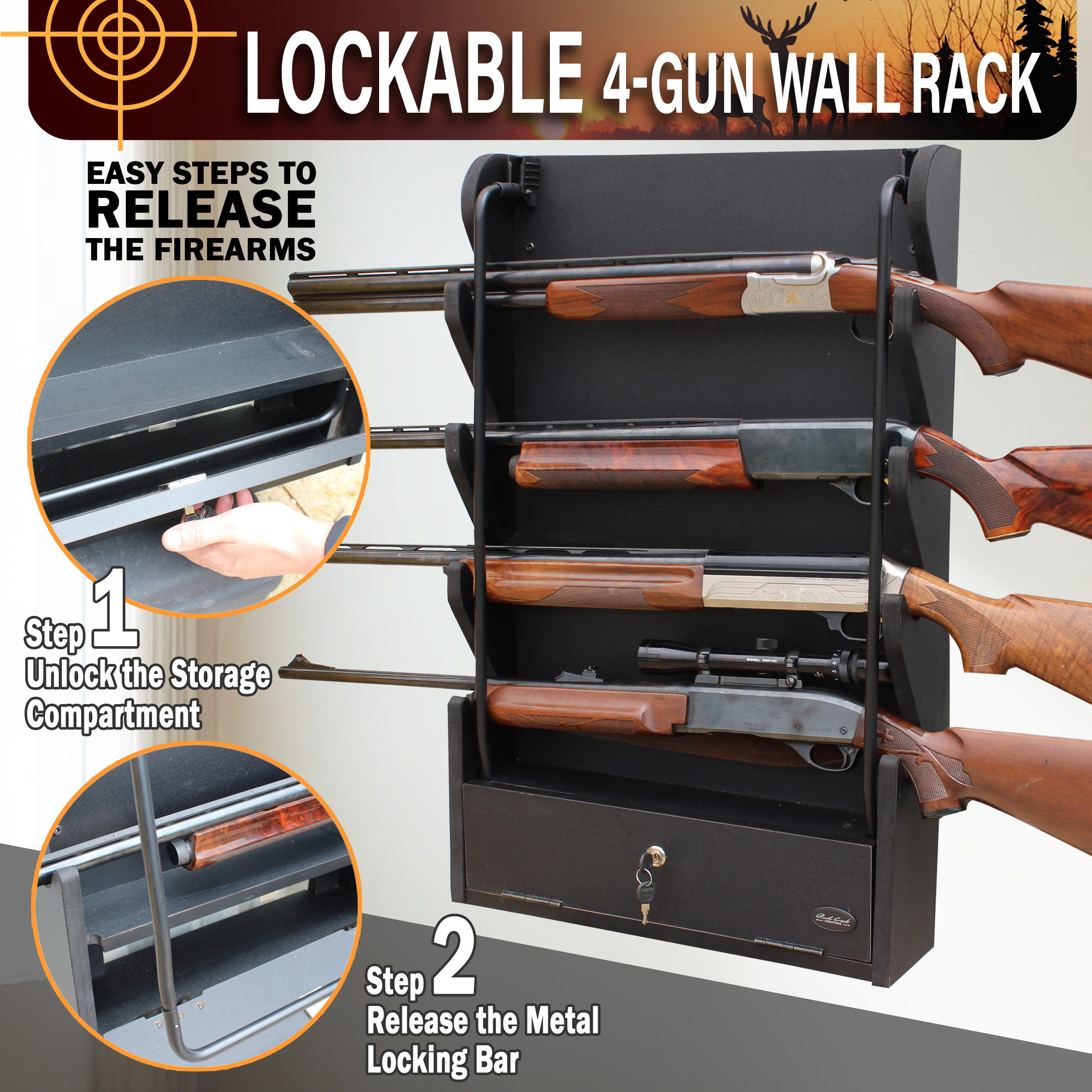 Rush Creek Creations 4 Gun Rack Wall Mount with Storage Compartment and Locking Bar