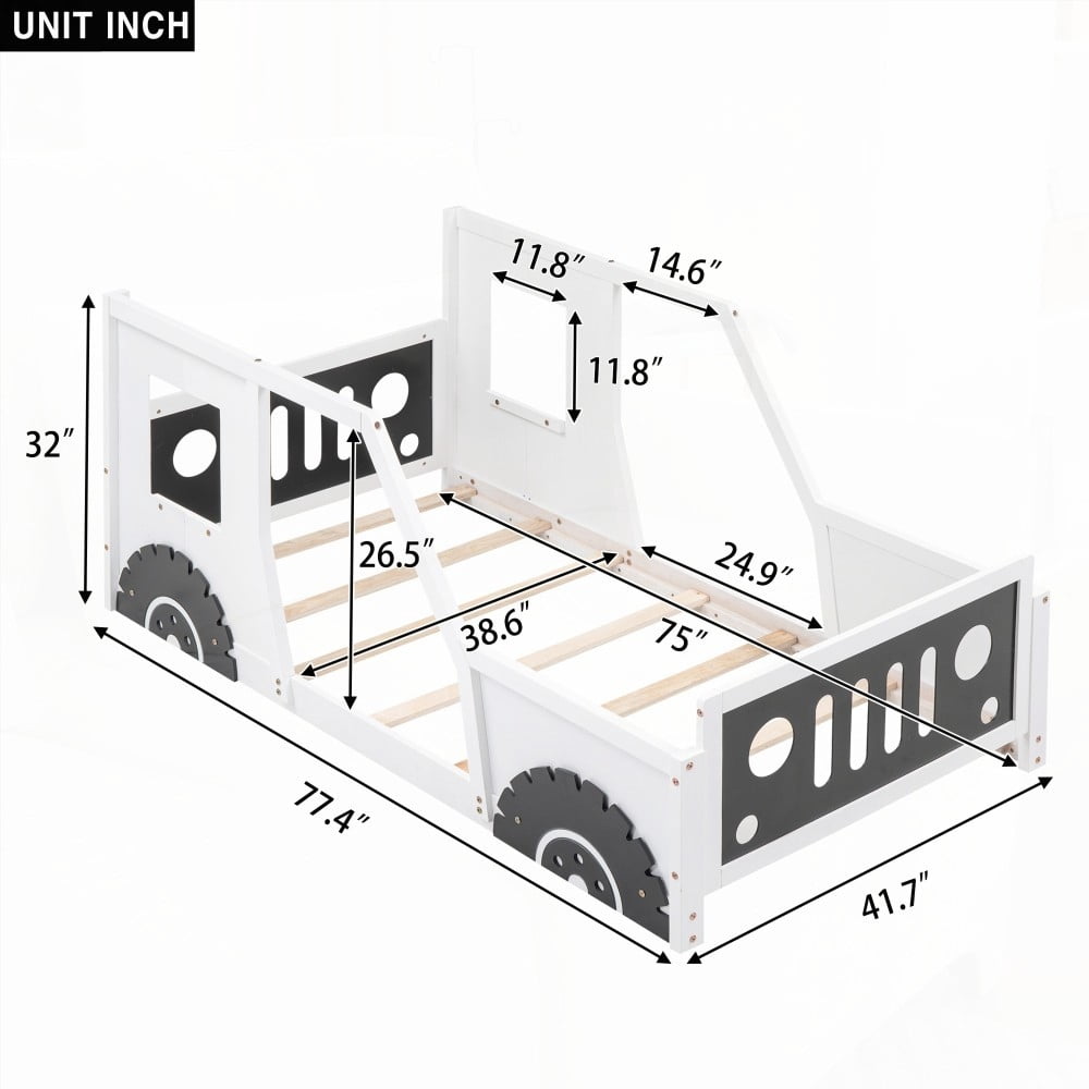 Twin Size | Fun Car Design Bed on Wheels & MDF Frame - White