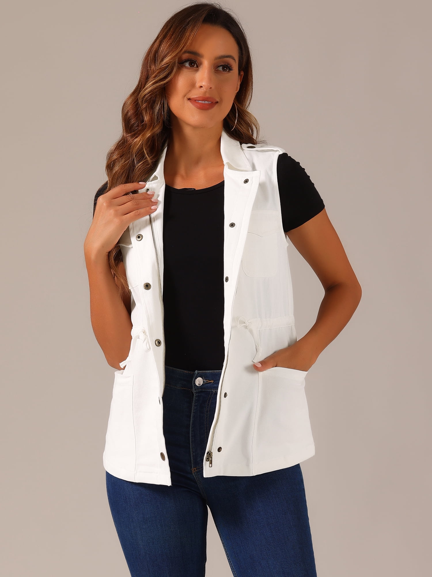 DARING DIVA Women Functional Pockets Drawstring Waist Cargo Vest M White