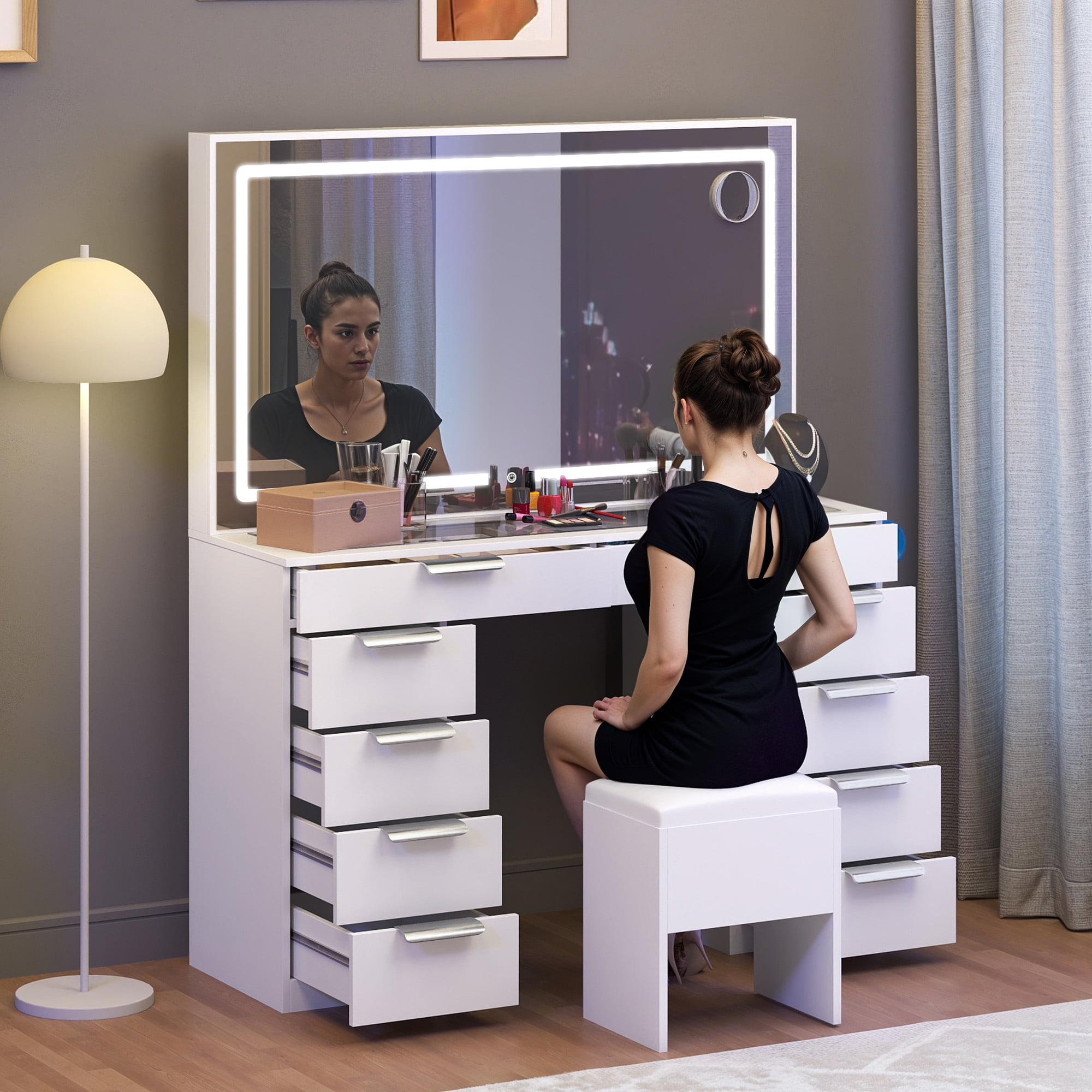Uforic 10-Drawer Set Makeup Vanity Dressers with Light and Extra-Large Mirror, Glass Top with 3 Color Modes, Storage Bench, White
