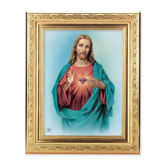 Sacred Heart of Jesus Picture Framed Wall Art Decor Medium, Gold-Leaf Antique Finished Frame with Acanthus-Leaf Detail