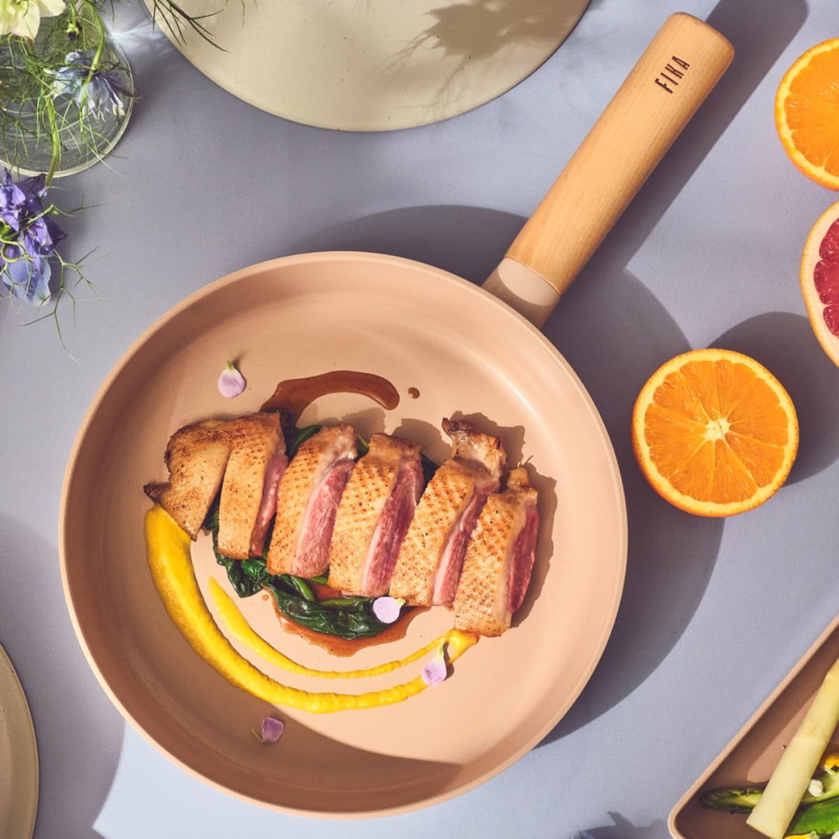 Neoflam FIKA Kitchen Nonstick Stir Frying 10" Chef Wok with Glass Lid & 11" Pan, Non Stick Ceramic Coating Skillet with Wood Handle, Induction Compatible Pan Set, Made in Korea (10", 11")