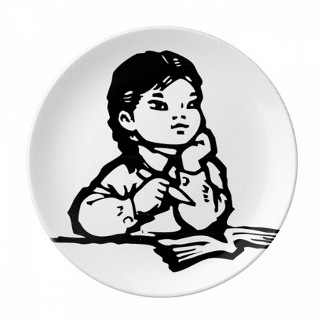 

Girl Pen Table Black Sketch Patriotism Plate Decorative Porcelain Salver Tableware Dinner Dish