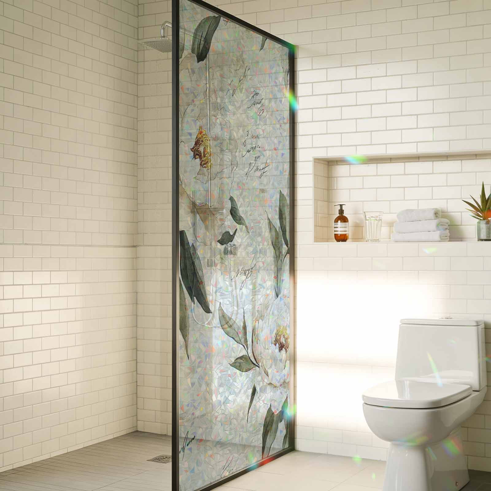 Rainbow Window Privacy Film, Vintage Floral Spring Static Cling Window Film PVC, Farmhouse Botanical White Flowers No Glue UV Blocking Glass Covering, Removable Stained Glass Sticker 23.6''x59''