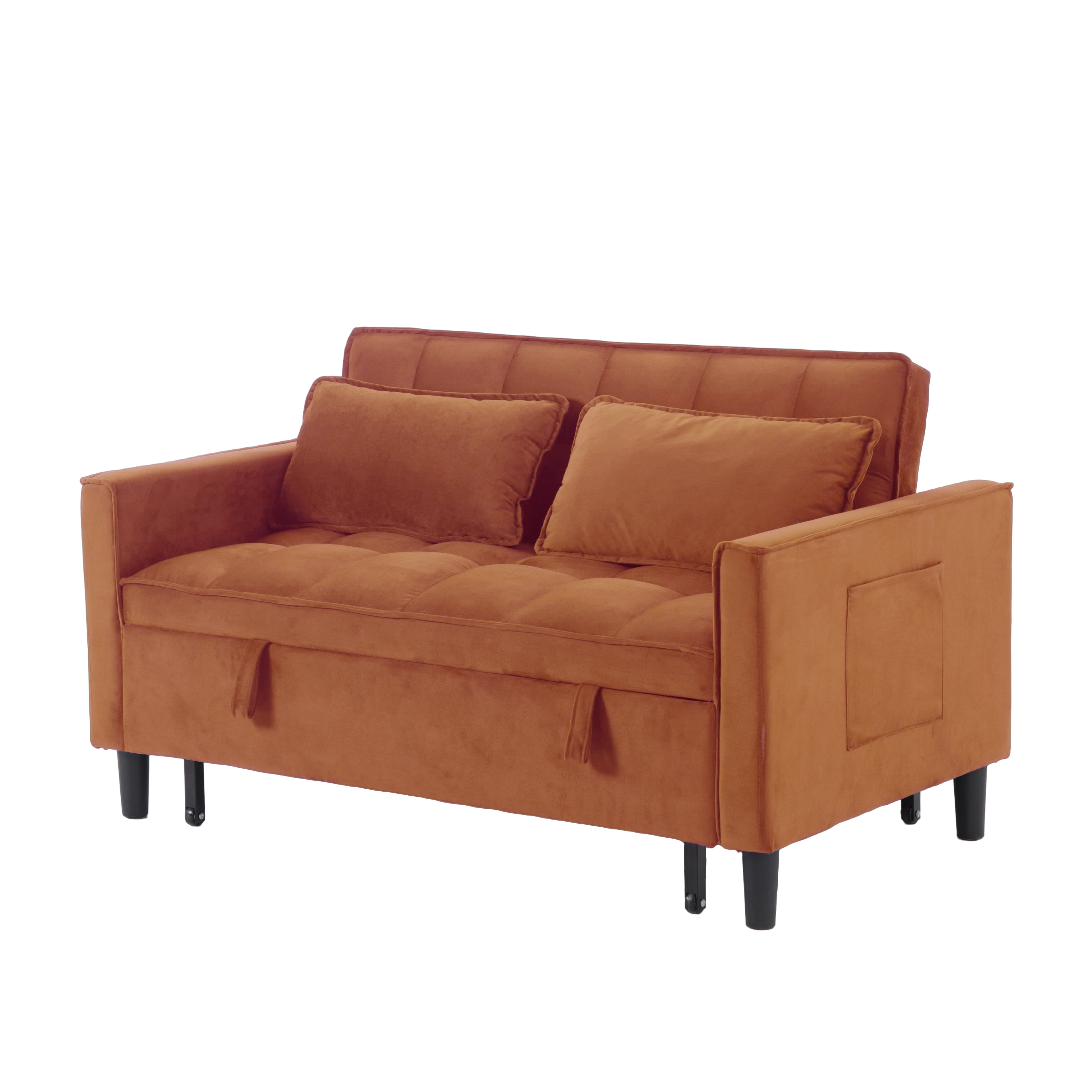 BSHTI 53.94" Pull-Out Sleeper Sofa Bed with Twin Size Bed – Velvet Upholstery, 3-Position Reclining Back, Solid Wood Frame, Side Storage Pocket, for Small Spaces, Apartment, Office,Antique Gold
