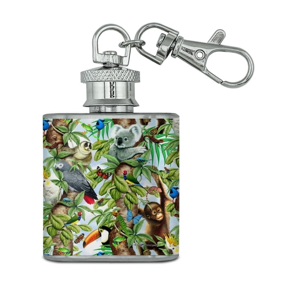 Animal Tree of Life Monkey Koala Toucan Pattern Stainless Steel 1oz Mini Flask Key Chain